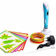 3D-ручка 3DPen-3 с LCD экраном полный набор пластик, трафареты голубая