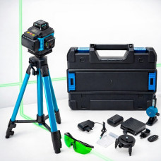 Лазерный уровень нивелир Laser Level 4D 2 аккумулятора 16 линий зеленый луч со штативом в кейсе синий