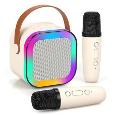 Караоке беспроводное детское K12 RGB Bluetooth колонка и 2 микрофон подсветка бежевый