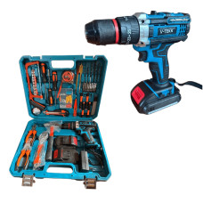 Шуруповерт аккумуляторный V-TEKK Cordless Drill дрель 21В + 2 АКБ + кейс с комплектом инструментов чёрно-синий