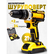 Шуруповерт аккумуляторный V-TEKK дрель 12В + 2 АКБ + кейс с комплектом насадок чёрно-желтый