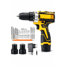 Шуруповерт аккумуляторный дрель 2 АКБ 12В в кейсе с комплектом насадок желтый