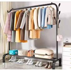 Стойка вешалка для одежды и обуви TW603 напольная стальная с полкой и 8 крючками чёрная