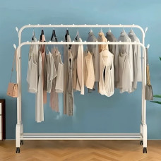 Двойная стойка вешалка для одежды и обуви Double Pole Hanger TW610-2 напольная стальная с полками, крючками, на колесах белый