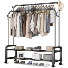 Стойка вешалка двойная для одежды и обуви TW610 напольная стальная с полкой, крючками, на колесах Black